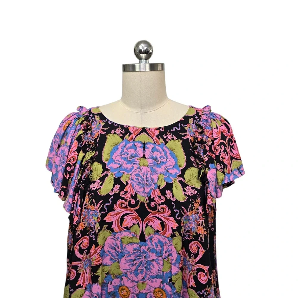 Free People Floral Paisley Ruffle Sleeve Mini Dress Black Pink Size Small